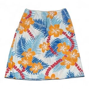 ROXY Blue Orange Hibiscus Flower Skirt Y2K‎ 90’s Vintage size L Flowy Beach Midi